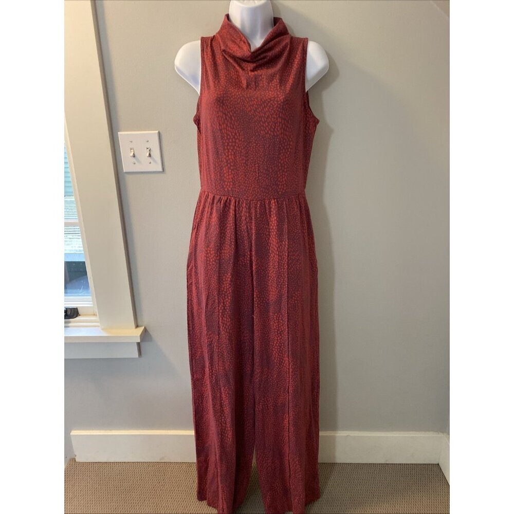 Pact Sleeveless Red Printed Jumpsuit with Cowl Neck